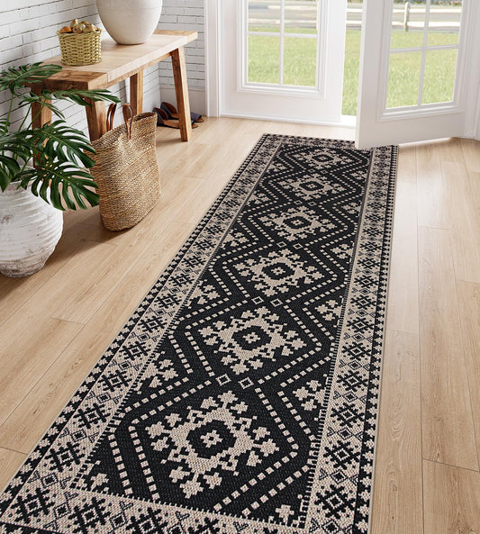 Lahome Bijou Moroccan Easy Jute Outdoor Runner Rug, 2x8 Washable Black Hallway Kitchen Runner Rug with Rubber Backing, Farmhouse Indoor Outdoor Carpet for Hallway 8ft Entryway Porch