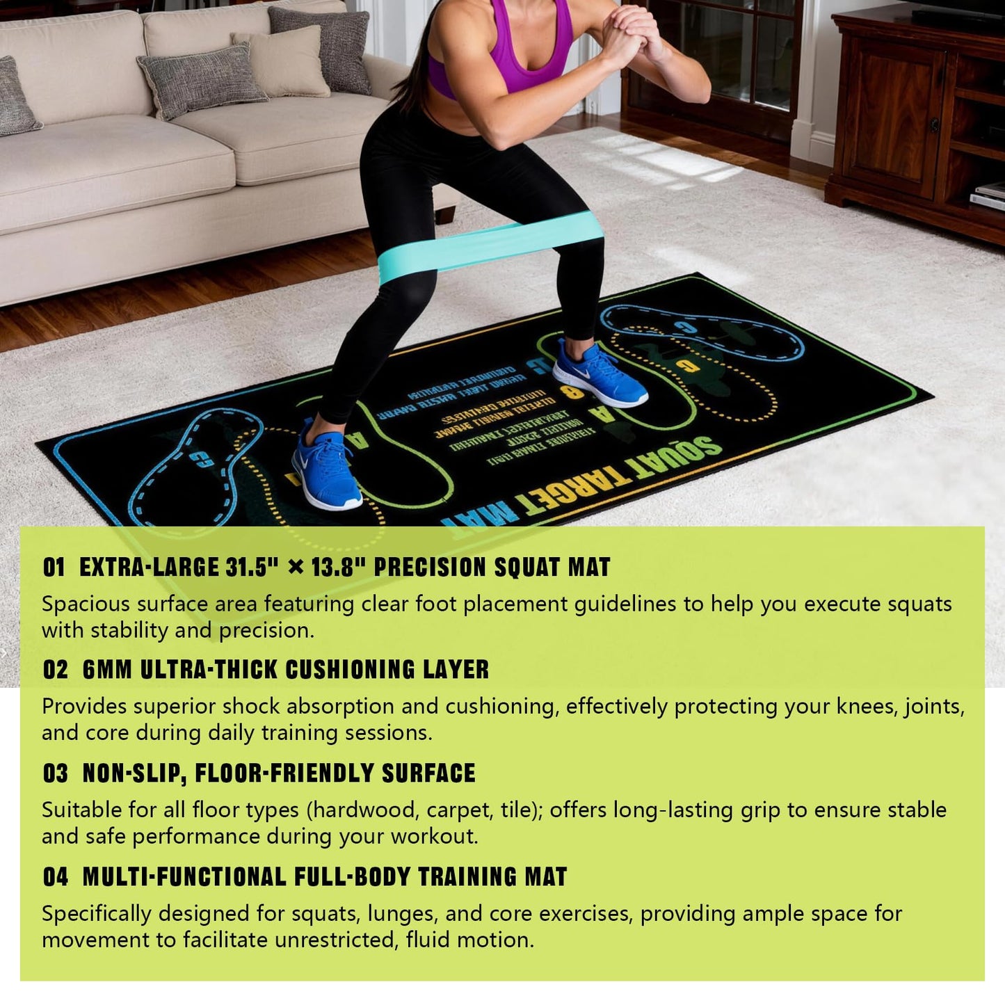 Squat Mat with Foot Position 13.8×31.5in — Non-Slip + Resistance Band