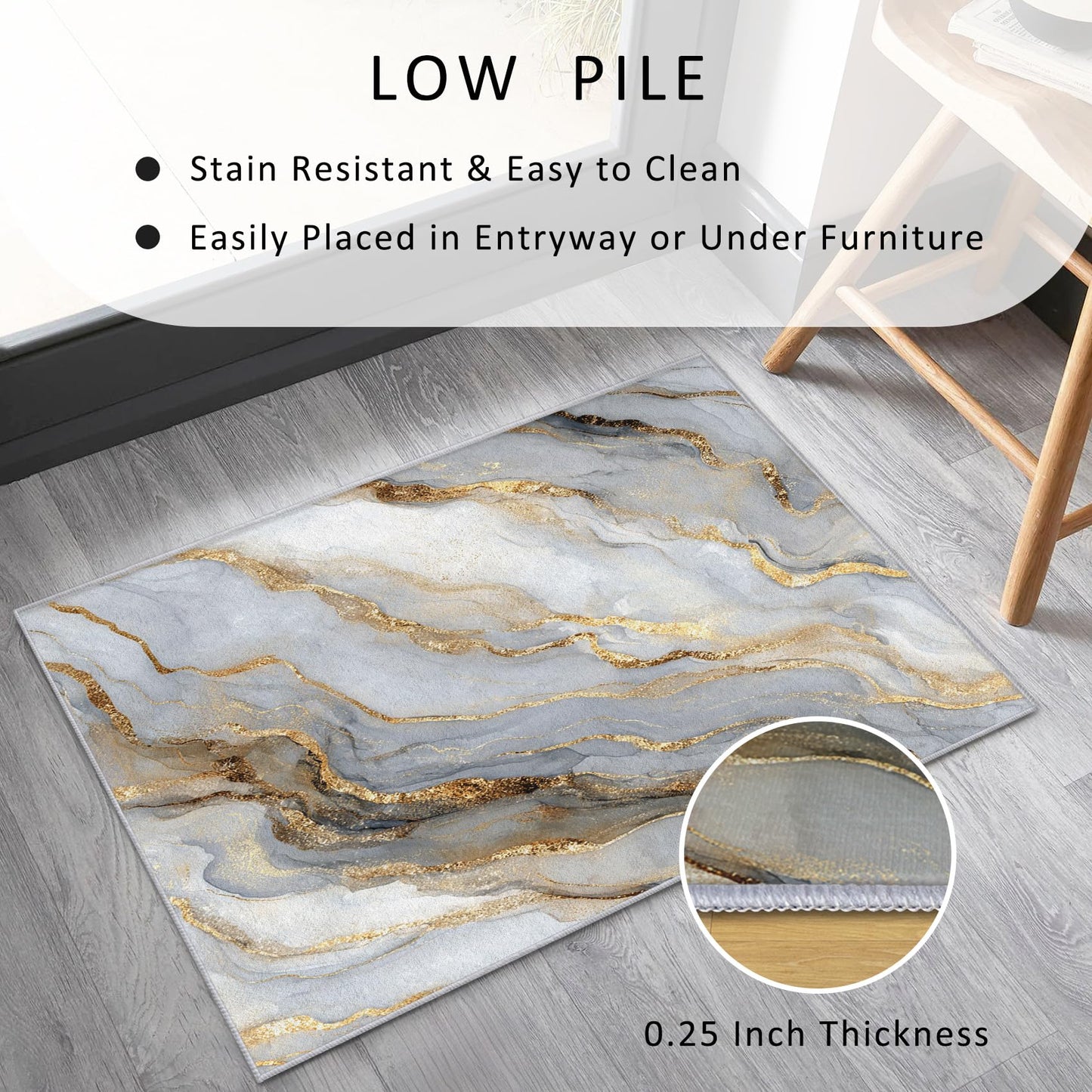 Marble Rug 3x5, Grey Gold Area Rugs for Living Room Bedroom Kitchen, Marble Home Decor Carpet, Washable, Non Slip, Soft, Low Pile