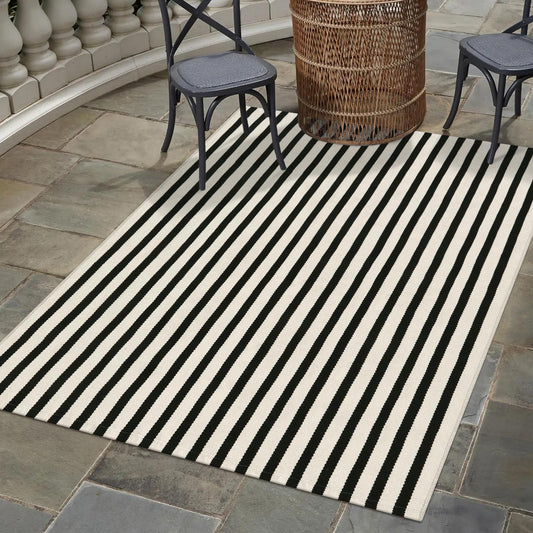 OJIA Washable Area Rugs 4'x6', Black and Cream Outdoor Rug Cotton Woven Entryway Rugs Indoor Striped Patio Rugs Carpet Large Area Rugs for Bedroom/Porch/Deck/Backyard/Home Outside Entrance Decor