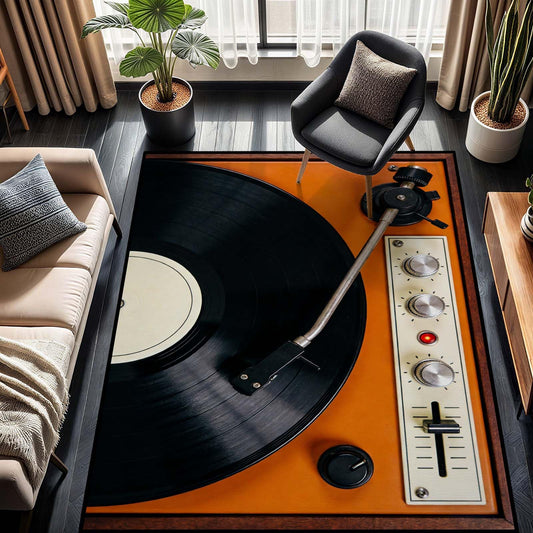 Music Record Area Rug, Vintage Music Vinyl Record Rug, Cd Disc Rugs, Vintage Turntable Rugs, Washable Modern Musical Carpet for Studio, Living Room (4' x 6'(Rectangular))