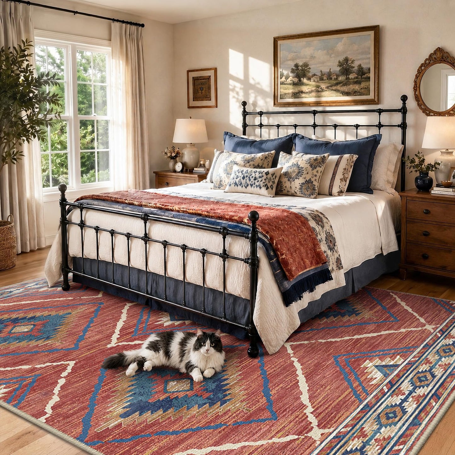 Area Rug 5x7 Rug Machine Washable Non-Slip Low Pile Print Pattern Western Rug for Living Room Bedroom Entryway Tribal Series -Red/Orange