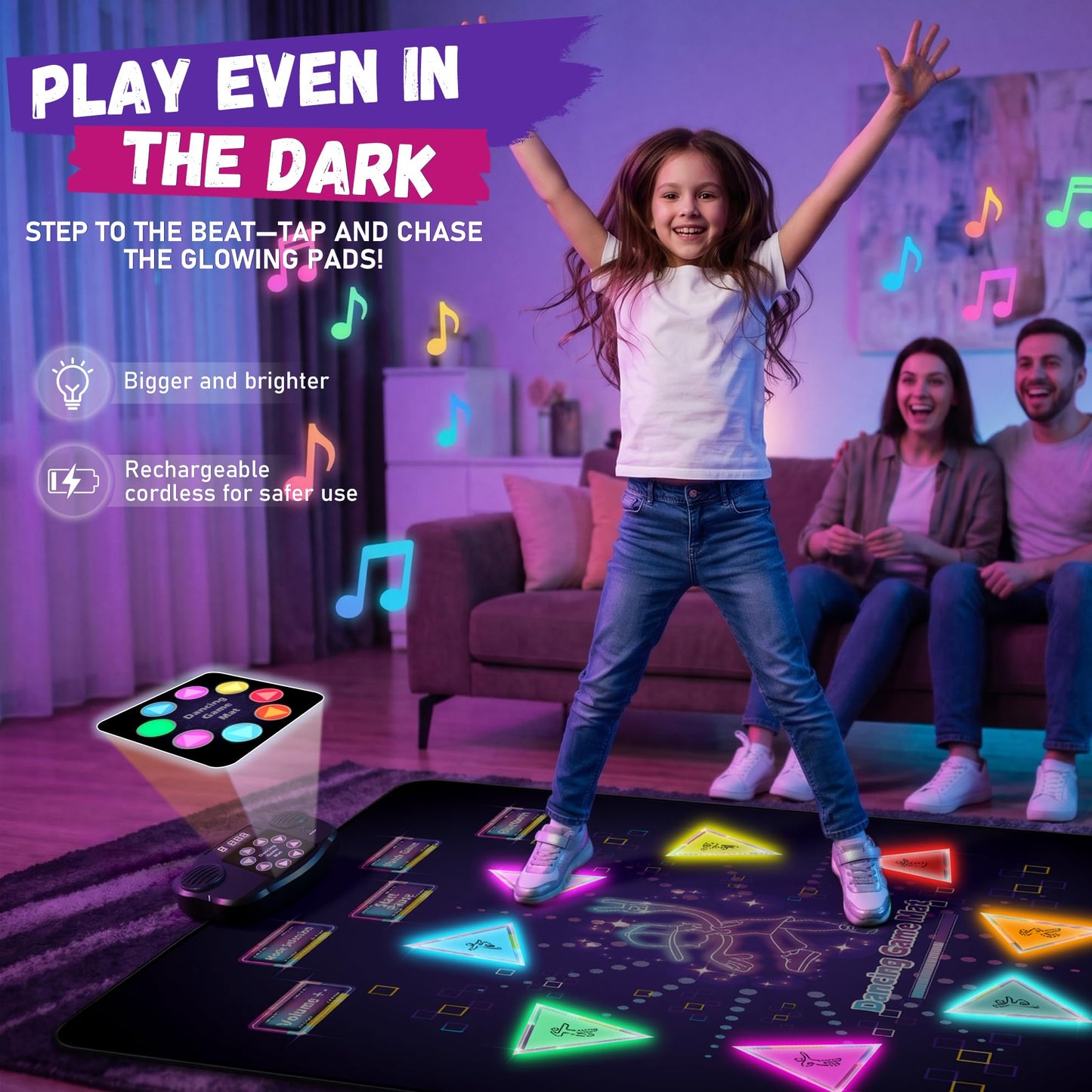 YESHIN Light-Up Dance Mat for Kids, Upgraded Extra Large Dance Pad with Bluetooth & 6 Game Modes, Rechargeable Musical Dancing Mat, Non-Slip Waterproof Toy with 8 Buttons for Boys & Girls Ages 3-12