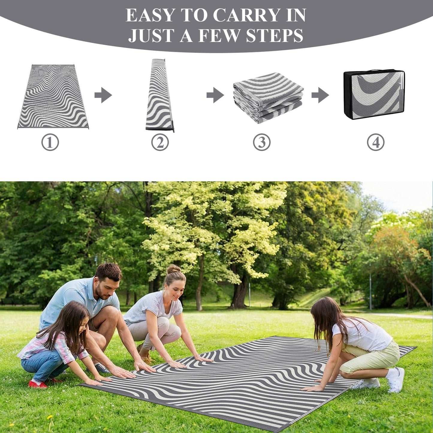 Vaukki Outdoor Patio Rug 5x8, Waterproof Woven Plastic Straw Camping Area Mat, Grey RV Striped Outside Reversible Carpet Clearance for Porch Backyard Deck Balcony