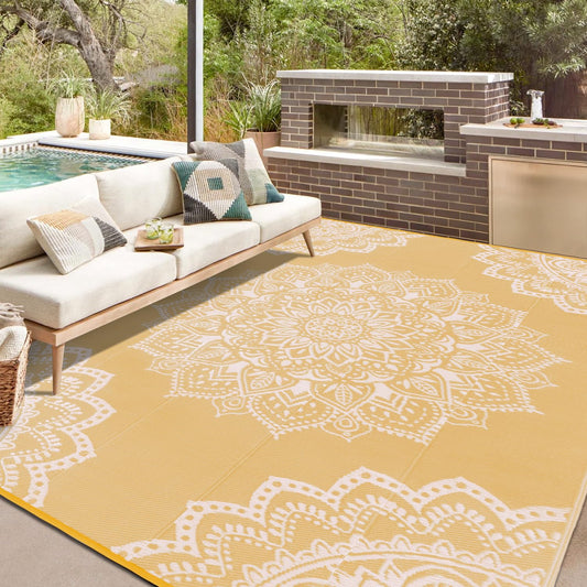Yamaziot Waterproof Outdoor Rug 8x10 ft, Reversible Plastic Straw Rug for Patio Clearance, Camping, RV Mat, Large Outside Rug Carpet for Porch, Deck, Backyard, Balcony, Picnic, Yellow