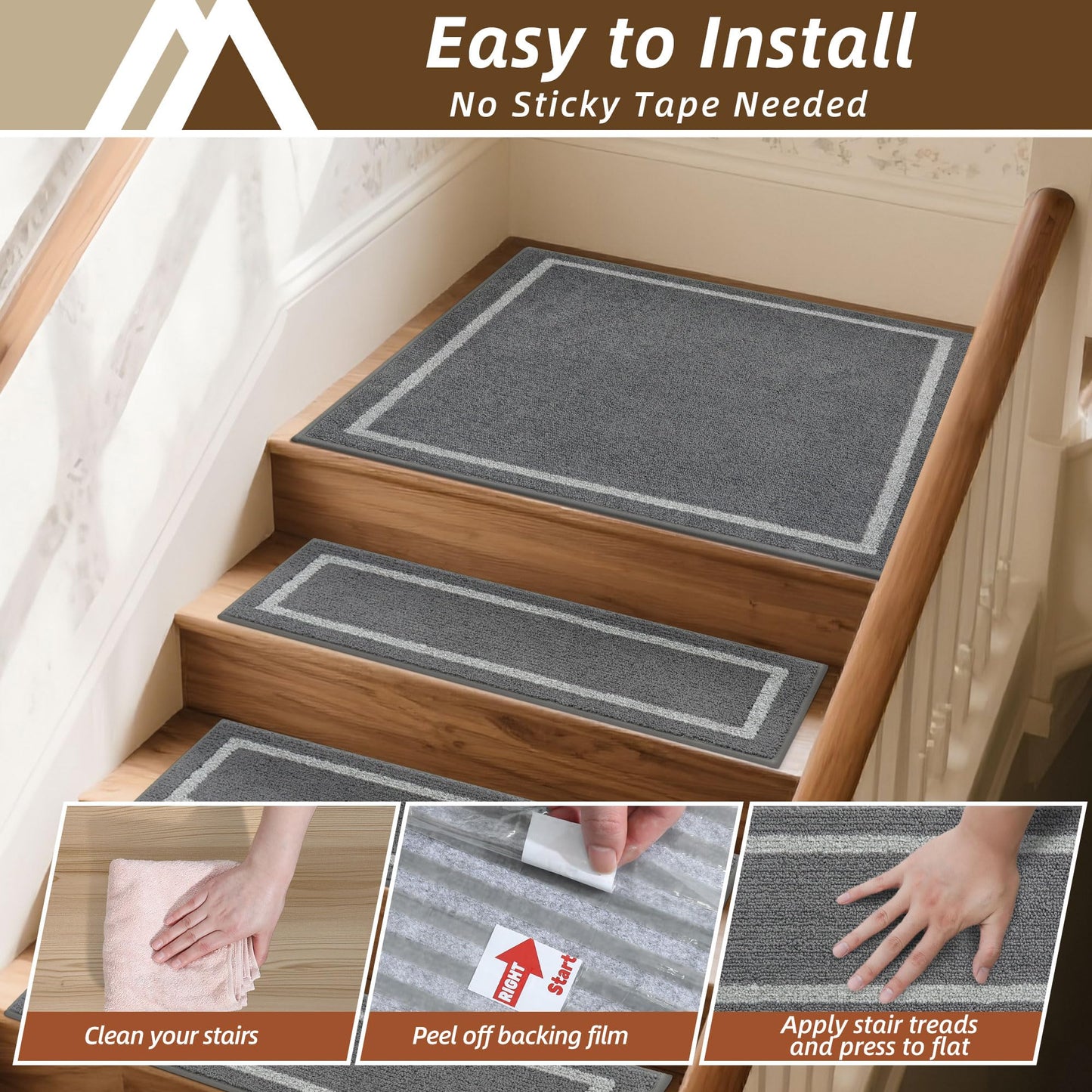 COSY HOMEER Stair Landing Rug 30x30 Inch, Non-Slip Square Landing Mat for Wood Steps Indoor, Washable Polyester with TPE Backing, Grey