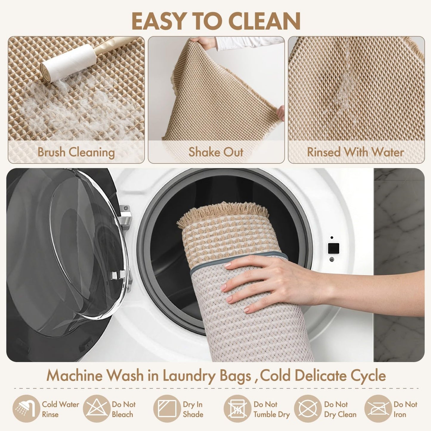 MIULEE Waffle Bathroom Runner Rugs, Super Absorbent Non Slip Bath Rug, Soft Quick Dry Washable Boho Large Beige Bath Mat with Tassels for Hallway Laundry Room Bedroom, 2'x5' (24"x60"), Brown & White