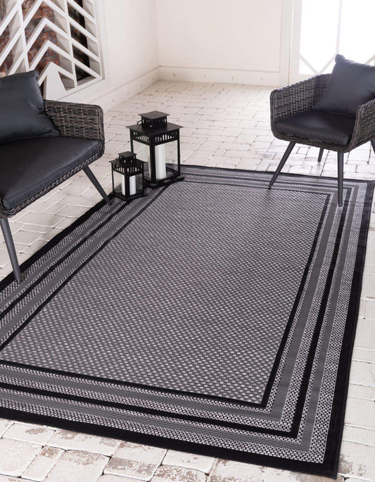 Unique Loom Outdoor Border Collection Area Rug - Multi Border (4' x 6' Rectangle, Gray/ Black)