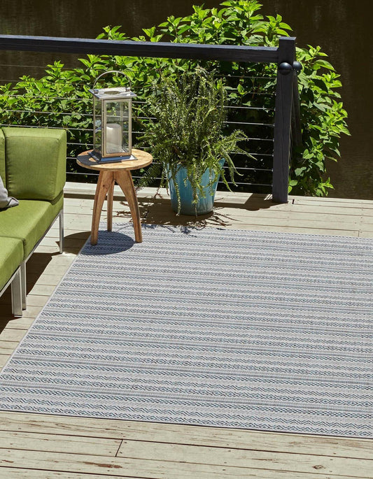 Unique Loom Outdoor Striped Collection Area Rug - Maia (6' 1" x 9' Rectangle, Teal/Ivory)