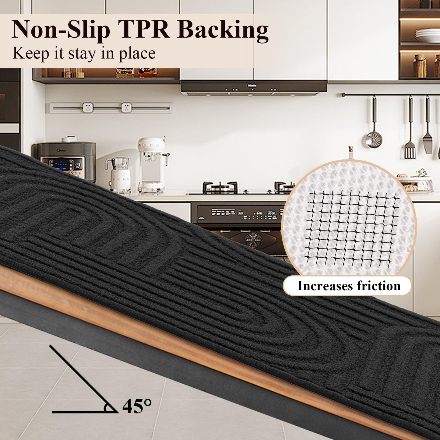U'Artlines Kitchen Rugs and Mats Set of 3, Non Skid Washable Black Geometric Kitchen Mats for Floor, Absorbent and Stain Resistant Floor Mat for Laundry, Sink Decor 20x32+20x48+20x59