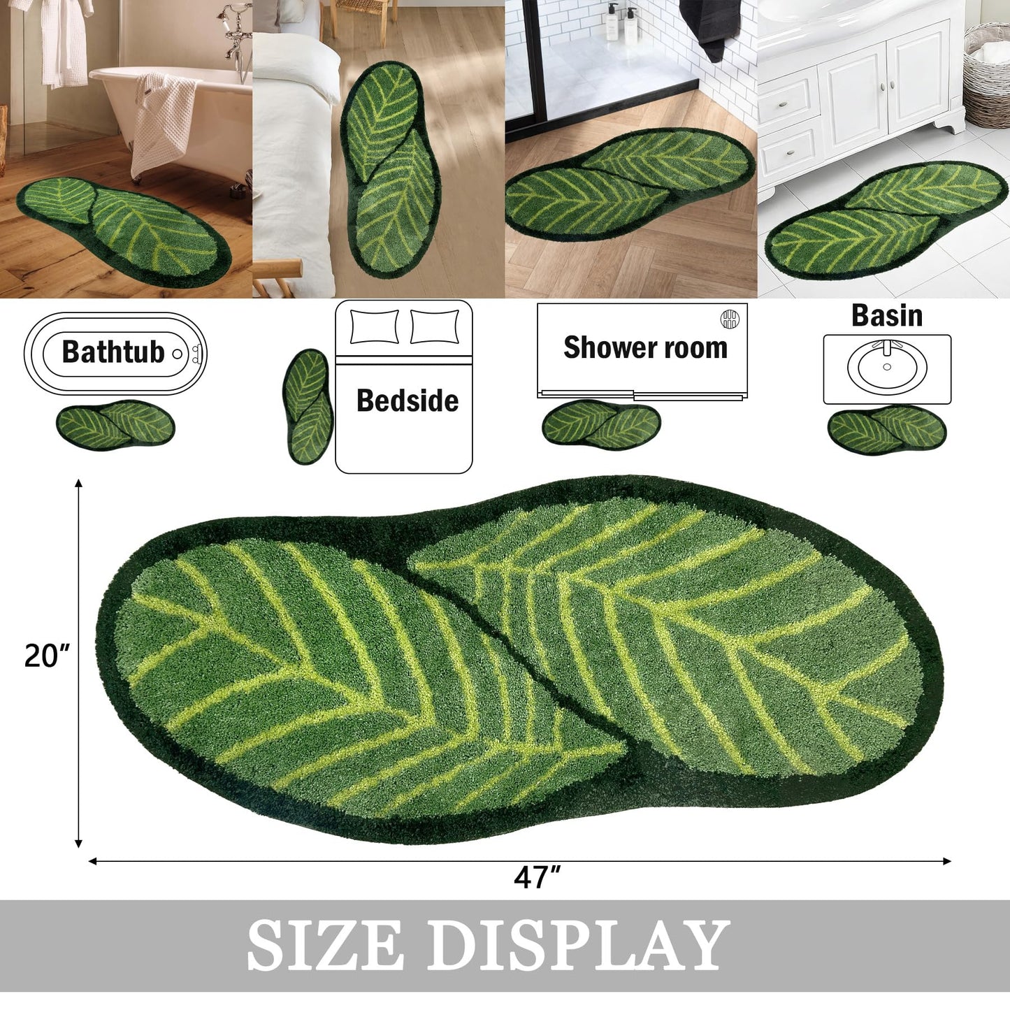 Green Bathroom Runner Rug - Leaf Long Bath Mat Plant Bathroom Rugs Non Slip Washable Spring Rug for Bath Room, Bedroom, Waterbasin, Bathtub Decor, Cute Bathmat Floor Carpet 20" x 47"