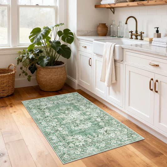 GarveeHome 2x3 Small Rug for Kitchen Machine Washable Floral Doormat for Hallway Non-Slip Low Pile Vintage Throw Carpet Flower Bordered Accent Mat Boho Botanical Area Rugs for Bedroom Sage Green