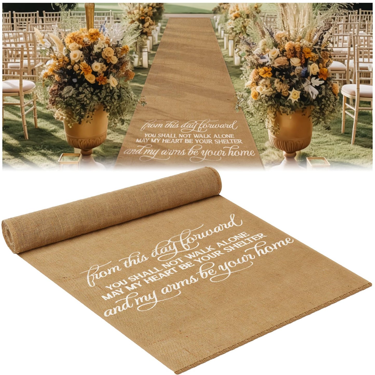 Tudomro 40 Inch x 15 Ft Extra Long Natural Burlap Wedding Aisle Runner Outdoor Jute Burlap Aisle Runner for Wedding Ceremony Rustic Indoor Carpet for Walkway (Stylish Style)