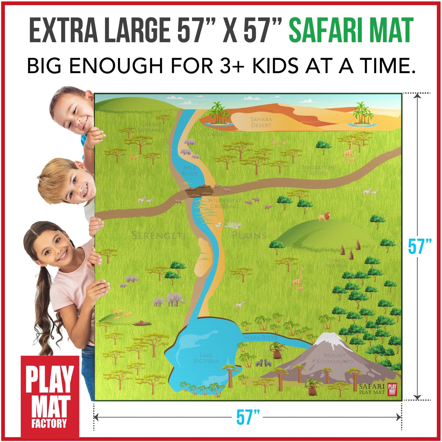 Safari Play Mat for Toy Animals | Foldable Solution |Large Size 57” x 57” | All Safari Animals | African Jungle Serengeti | Child Activity Mat | by Play Mat Factory