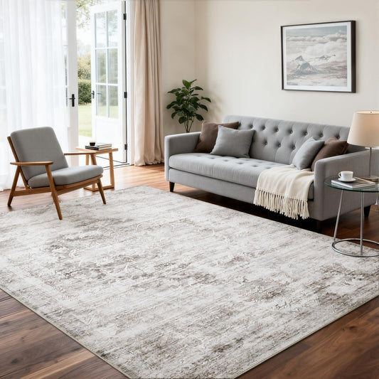 5'x7' Washable Area Rug Non-Slip, Vintage Floral Medallion Distressed Carpet, Soft Low Pile Indoor Floor Mat for Living Room Bedroom Dining Room, Ivory & Weathered Taupe Vintage-Style