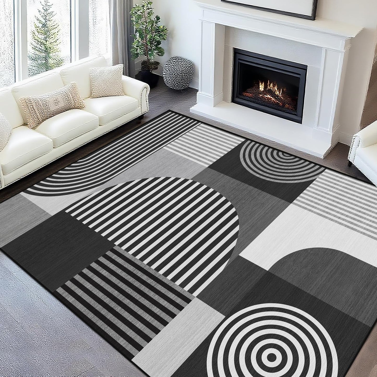 Glocmna Area Rug 5x7 Grey Geometric Rug for Living Room Black White Machine Washable Gray Minimalist Mid Century Modern Rugs Non Slip Low Pile Large Dining Room Indoor Floor Carpet for Bedroom Office