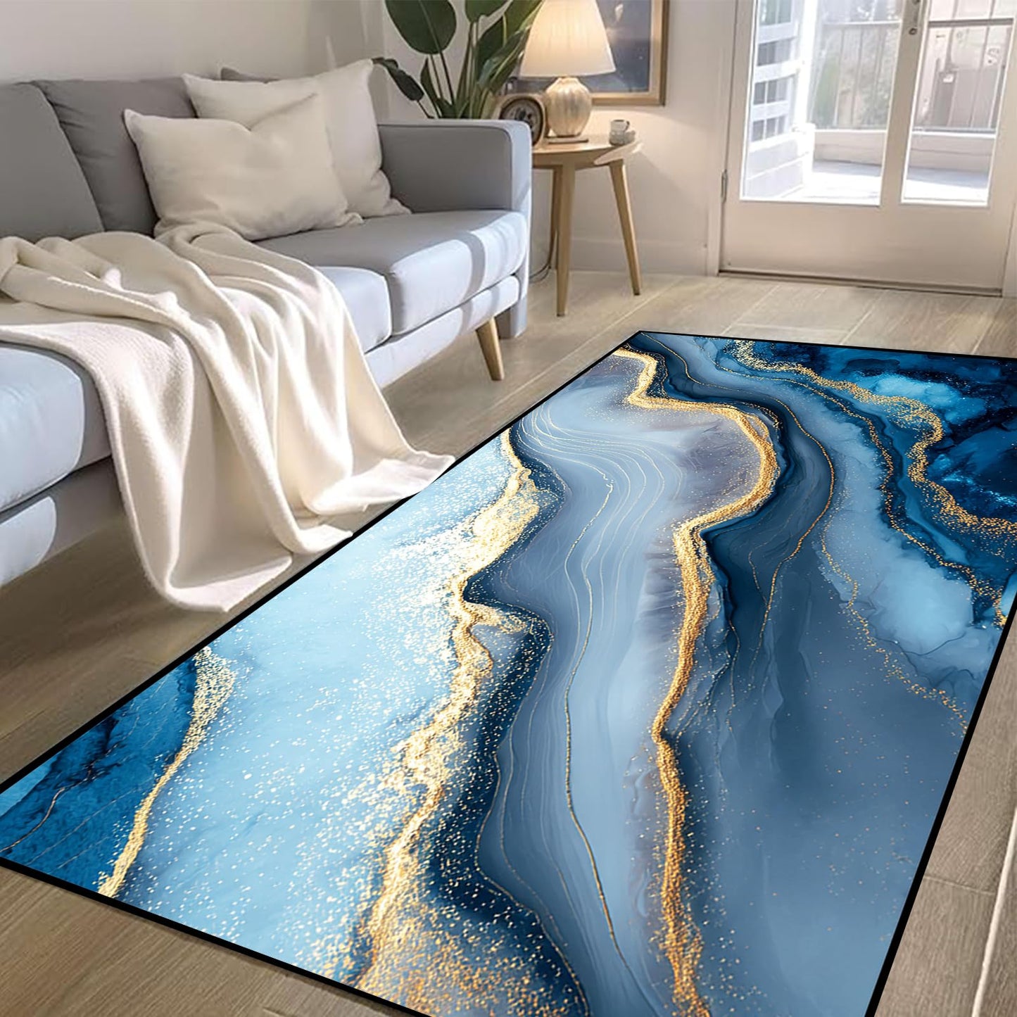 kxry Marble Pattern Area Rug in Blue Gold 4x6 for Bedroom Living Room Dining Room Non Slip Washable Low Pile Rug for Entryway Kitchen Doormat Indoor Floor