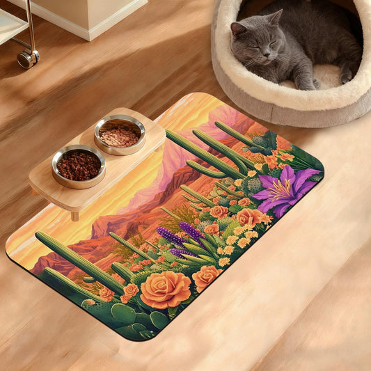 Pet Feeding Mat,Cactus Absorbent Dog Cat Food Mat Desert Dog Mat with Rubber Backing,Non-Slip Water Bowl Placemat,Pet Supplies 12" x 20"