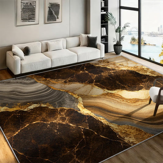 Earth Tone Brown Agate Marble Area Rug 3' x 4', Warm Beige Geode Printed Floor Carpet with Gold Accents, Non-Slip Low-Pile Washable Door Mat for Dining Room Kitchen Laundry Room Mudroom Farmhouse