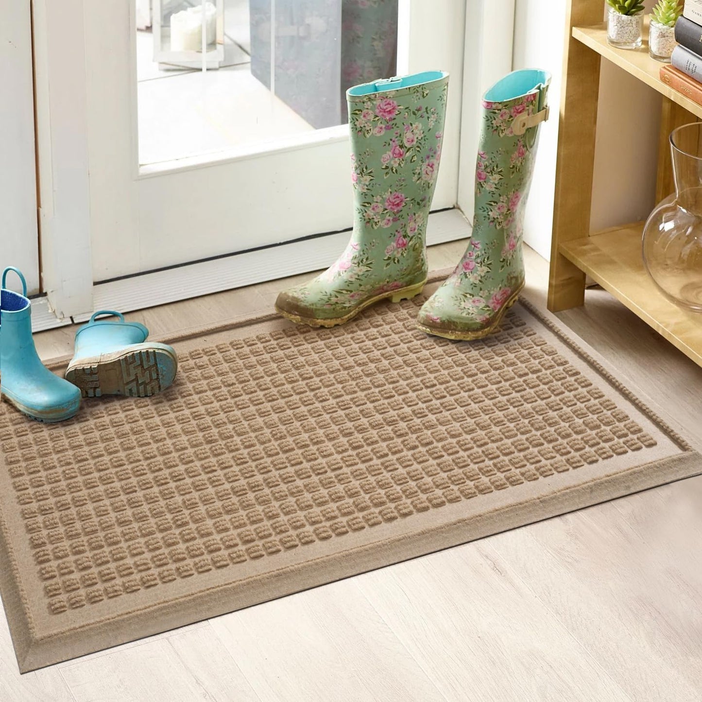 HIYARD Boot Tray for Entryway, Non-Slip Shoe Tray Drying Mat, Waterproof Boot Mat for Muddy Boots, Heavy Duty Shoe Storage Trays, Indoor/Outdoor Use, 16x30 inches, Beige