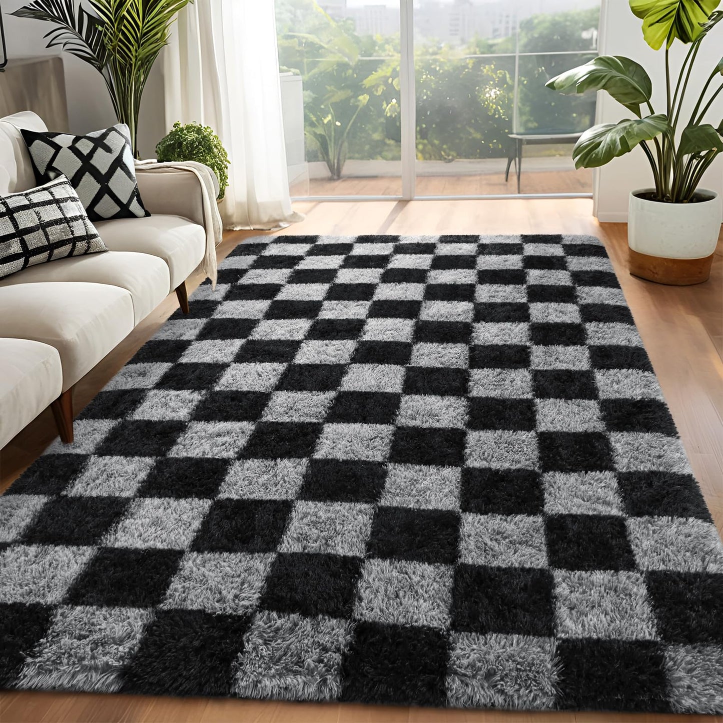 FALARK Rugs for Living Room Bedroom, 6x9 ft Black and Grey Checkered Area Rug, Fluffy Soft Washable Carpet, Modern Non-Slip Shag Carpets for Dorm Home Decor Aesthetic, Nursery, Playroom