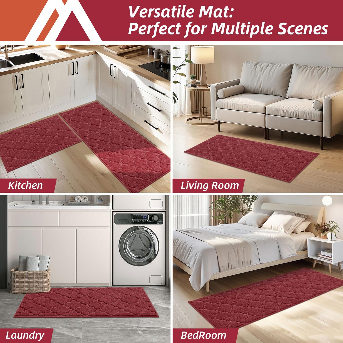 COSY HOMEER Soft Kitchen Floor Mats for in Front of Sink Super Absorbent Rugs and 20"x59" Non-Skid Mat Standing Washable,Polyester,Red