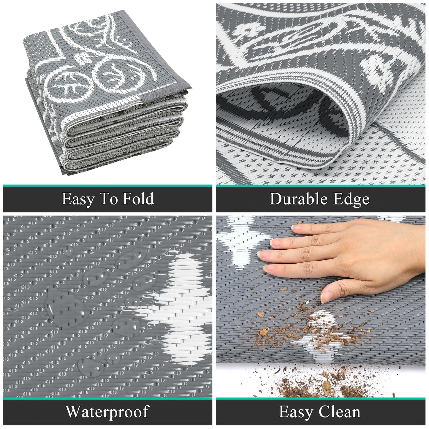 Pauwer Waterproof Outdoor Rug 9x12, Reversible Plastic Straw Patio Camping Rug, Indoor Outdoor RV Mat Carpet for Deck, Camper, Porch, Balcony, Backyard, Picnic, Bordered Grey