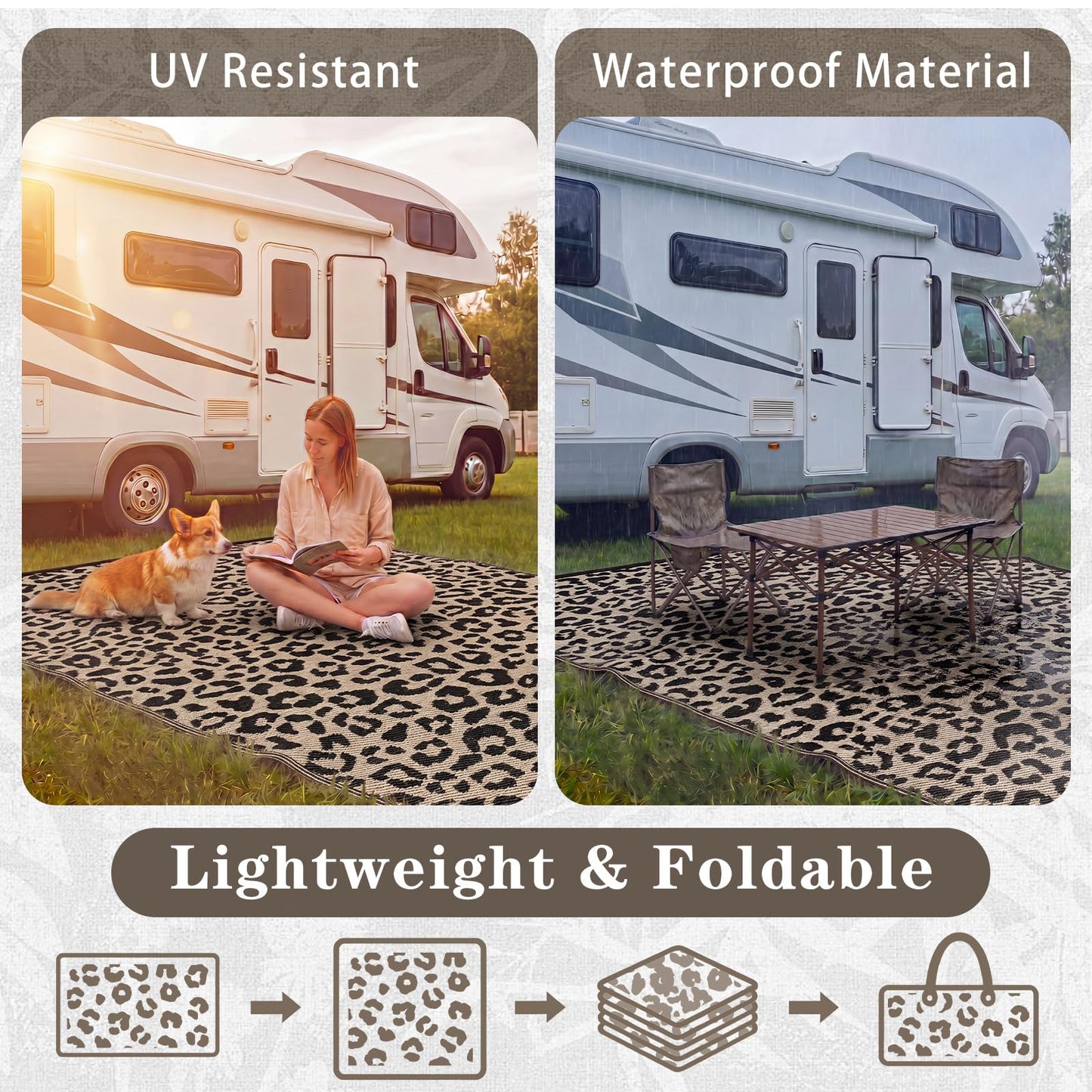 Klyyo Clyro Leopard Print Outdoor Rug 5 x 8 ft, Brown Black Plastic Straw Woven Camping Mat, Reversible Foldable RV Patio Rug for Deck, Porch, Backyard, Picnic