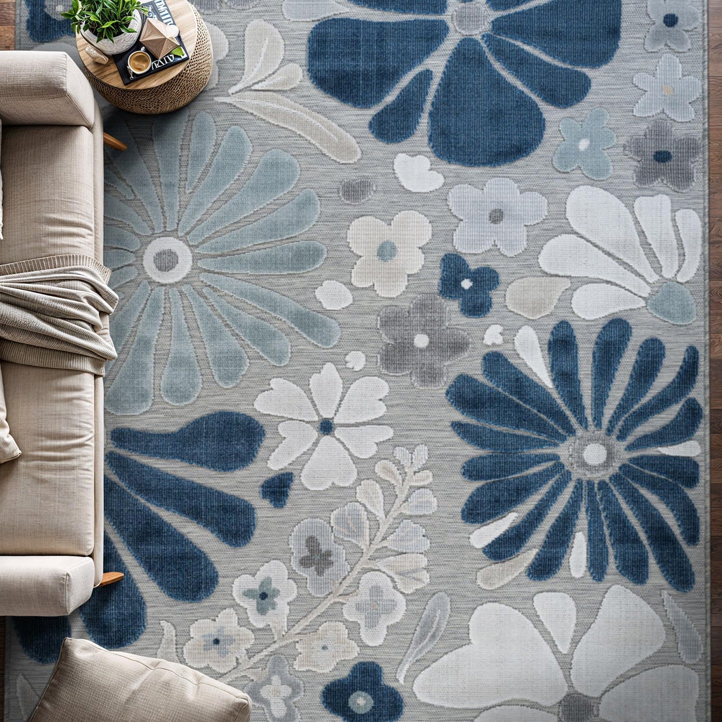 Beverly Rug Outdoor Rug 5x7 Modern Floral Tropical Area Rugs for Outdoor and Indoor Patio Easy to Clean Non Shedding Living Room Porch Garden Washable Outside Carpet (5 x 7 Blue)