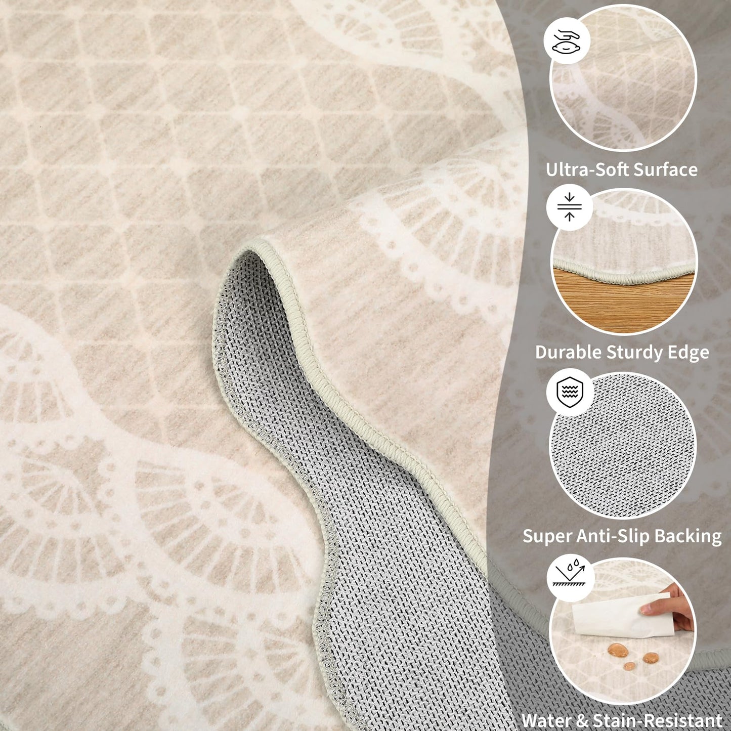 LUXLOOM Area Rug 9x12 Washable Rugs for Living Room Modern Scalloped Throw Rugs Soft Indoor Floor Cover Lace Print Irregular Mat Non-Slip Low-Pile Rug for Dining Room Office Nursery Dorm Lace Beige