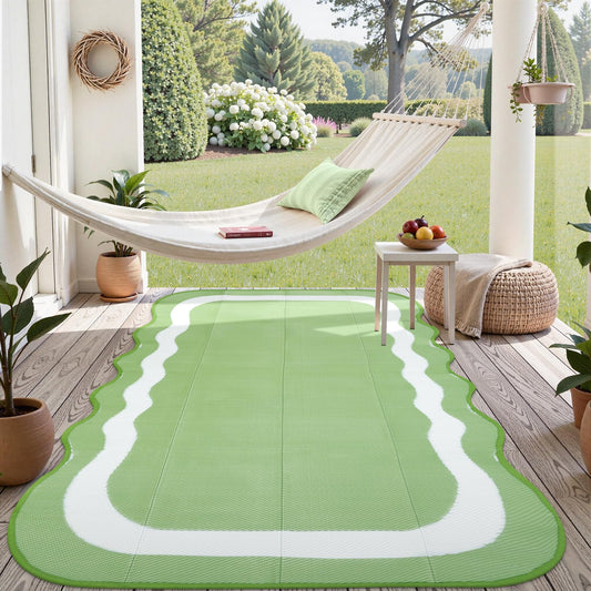 Uphome Outdoor Rug Waterproof 6x9, Reversible Green Scalloped Patio Plastic Straw Rugs, Foldable Modern RV Camping Outside Carpet Mat for Pool Back Yard Deck Picnic, 6 x 9 ft