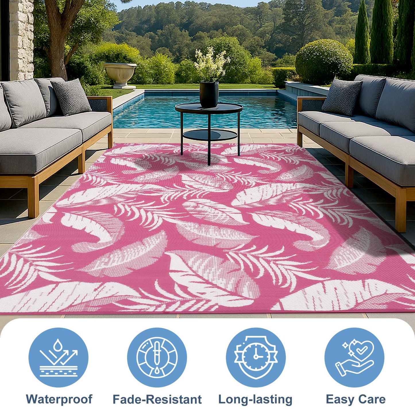 OPPODREAM Reversible Outdoor Rug 5x7, Waterproof Outdoor Plastic Straw Rug for Patio, Tropical Leaf RV Camping Rugs for Outside, Deck, Balcony, Porch, Backyard, Camping, Rv, Pink and White