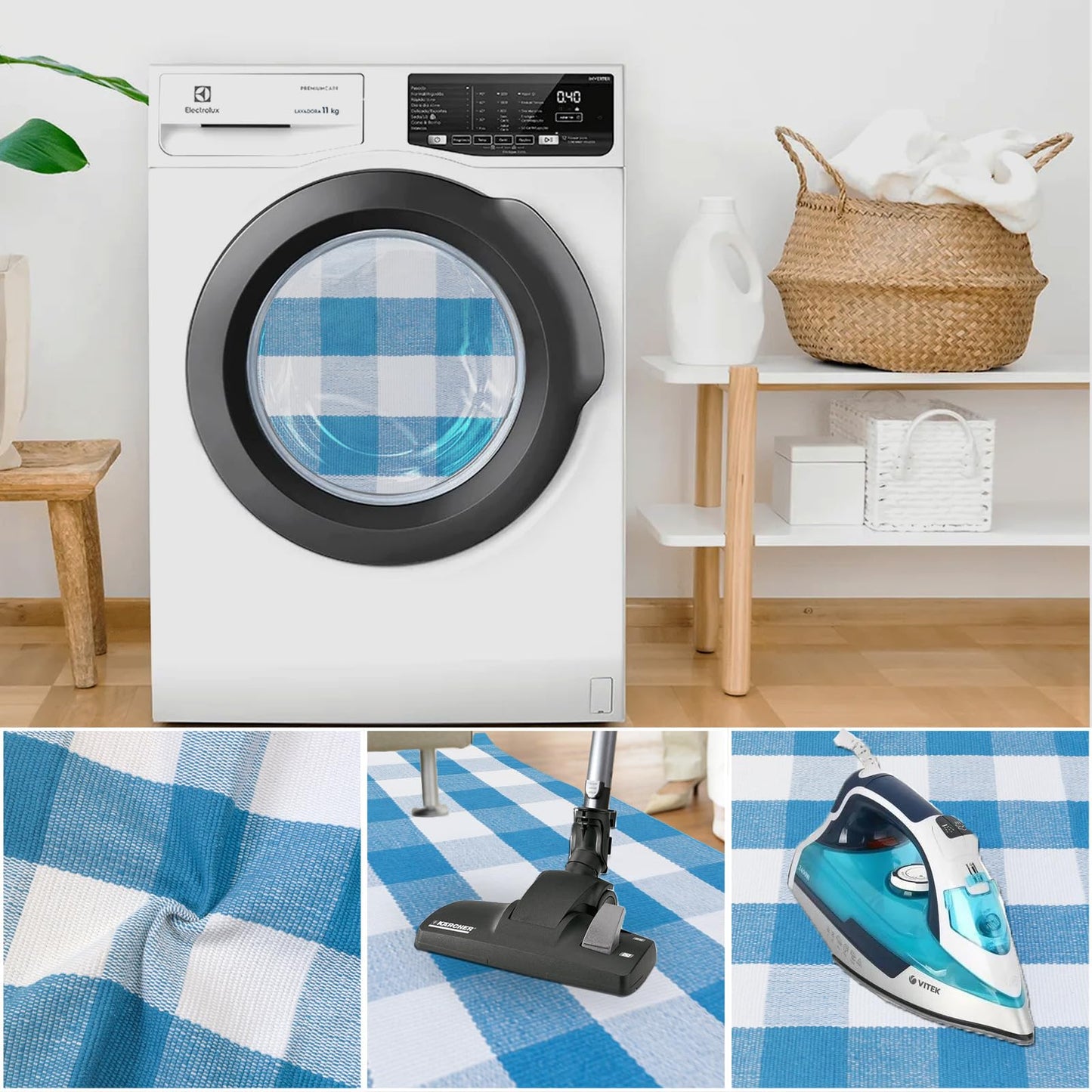 Fallovea Spring Rugs Blue and White Plaid, 28” x 43” Area Rug Outdoor Indoor Summer Front Porch Doormat Cotton Hand-Woven Layered Door Mats for Entryway Patio Entryway Laundry Bedroom