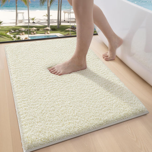 LUMI Cream Bathroom Rugs with Rubber Backing, 20x32 Absorbent Extra Thick Soft Plush Microfiber Bath Mat, Machine Washable Carpet for Bathroom Shower, Tub, Sink, Hotel