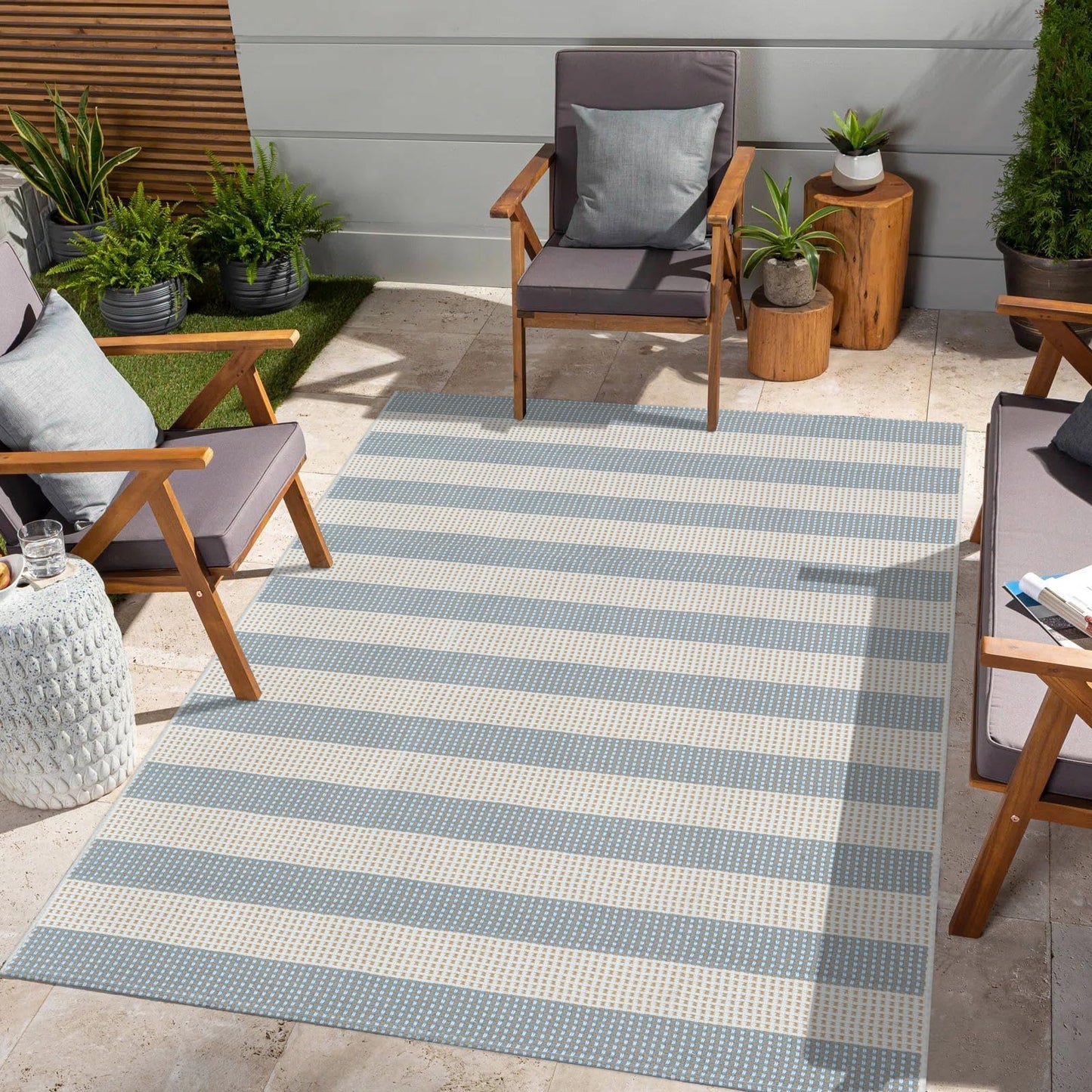 LEEVAN Striped Outdoor Rug 4x6, Washable Front Porch Rug, Spring Plaid Door Mats Outside Entrance, Blue White and Tan Entryway Floor Mat, Buffalo Woven Patio Layered Mat for Entrance/Deck/Camping