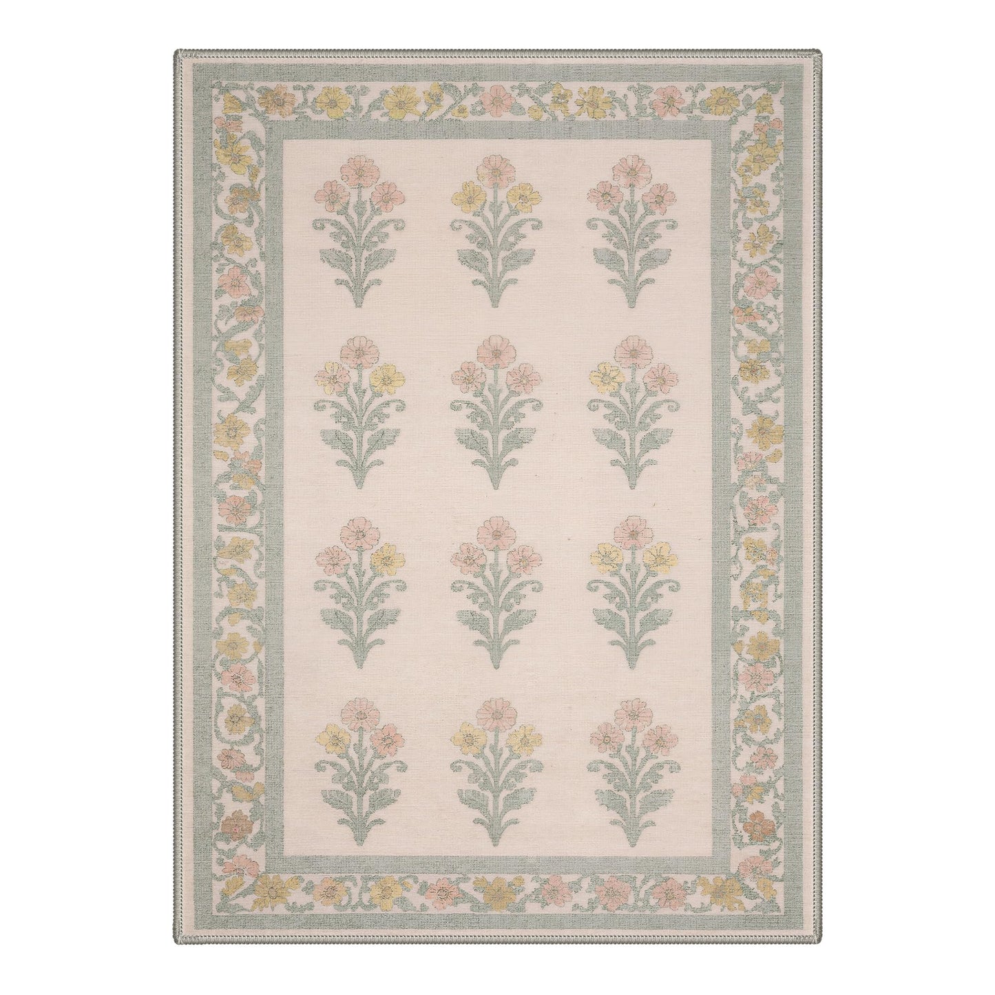Bavni 5X7 Area Rugs for Living Room Machine Washable, Non Slip Low Pile Soft Modern Botanical Rugs, Floral Sprigs Carpet for Bedroom Dining Room, Home Office, Dusty Sage
