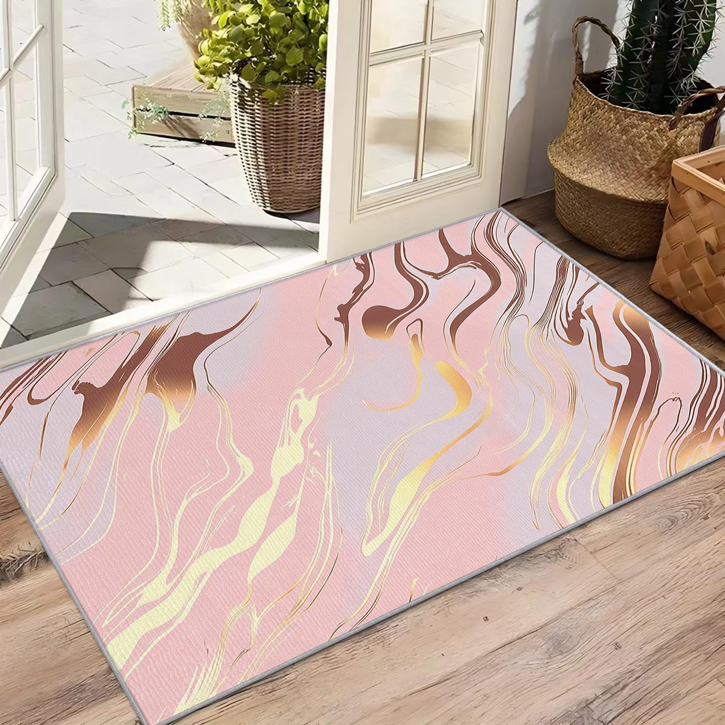 Marble Rugs for Living Room - Marble Rug, 4x5 Rug, Modern Abstract Art Area Rug, Girls Pink and Gold Washable Rugs for Living Room Bedroom, Pastel Luxury Carpet - Home Decor, Marble Gifts for Women