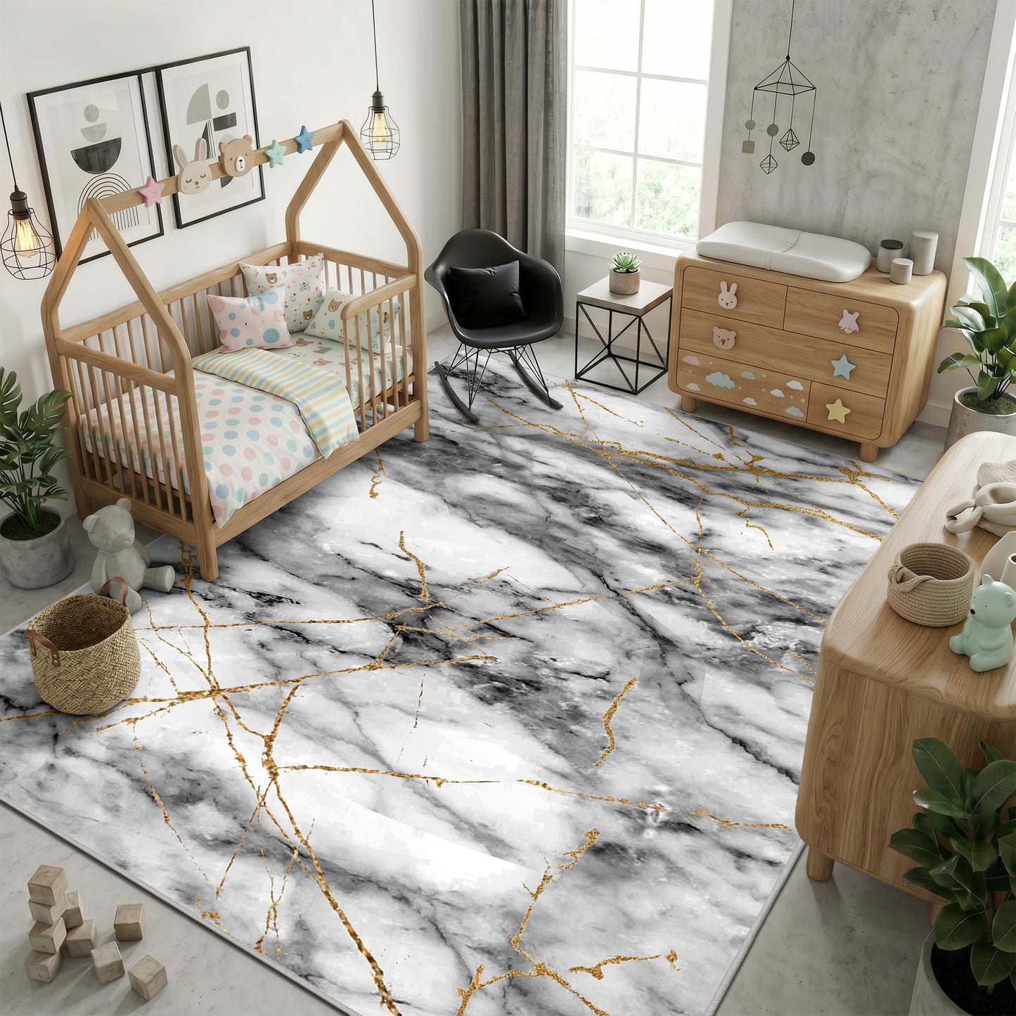 Merelax 6x9 Area Rug for Livingroom Bedroom - Washable Non-Slip Large Grey Rug, Indoor Floor Carpet Low Pile Soft Rug for Dining Room, Mudroom, Modern Aesthetic Abstract Geometric Decor, Gray&Gold