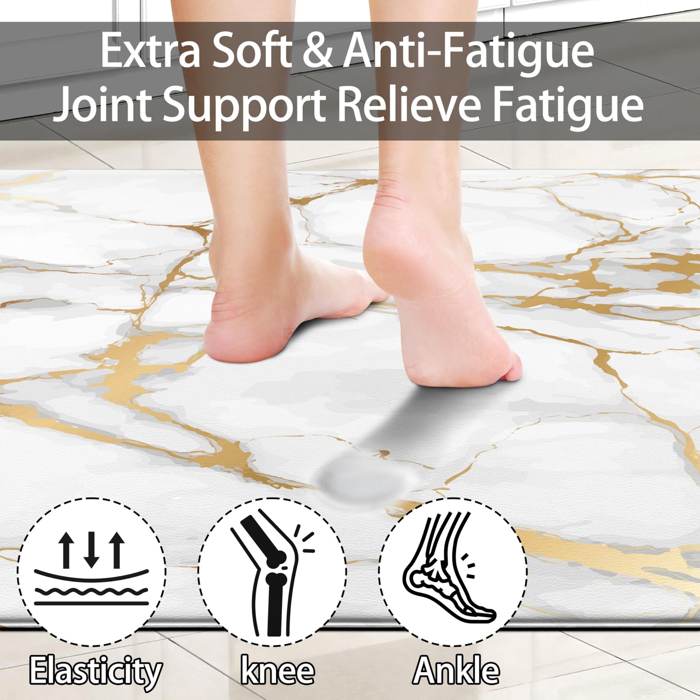 White Gold Marble Kitchen Rugs Sets of 2 Anti Fatigue Mats for Kitchen Floor Waterproof Non-Slip Kitchen Mat for Home Office Laundry (White Gold, 17"x29.5"+17"x47.2")