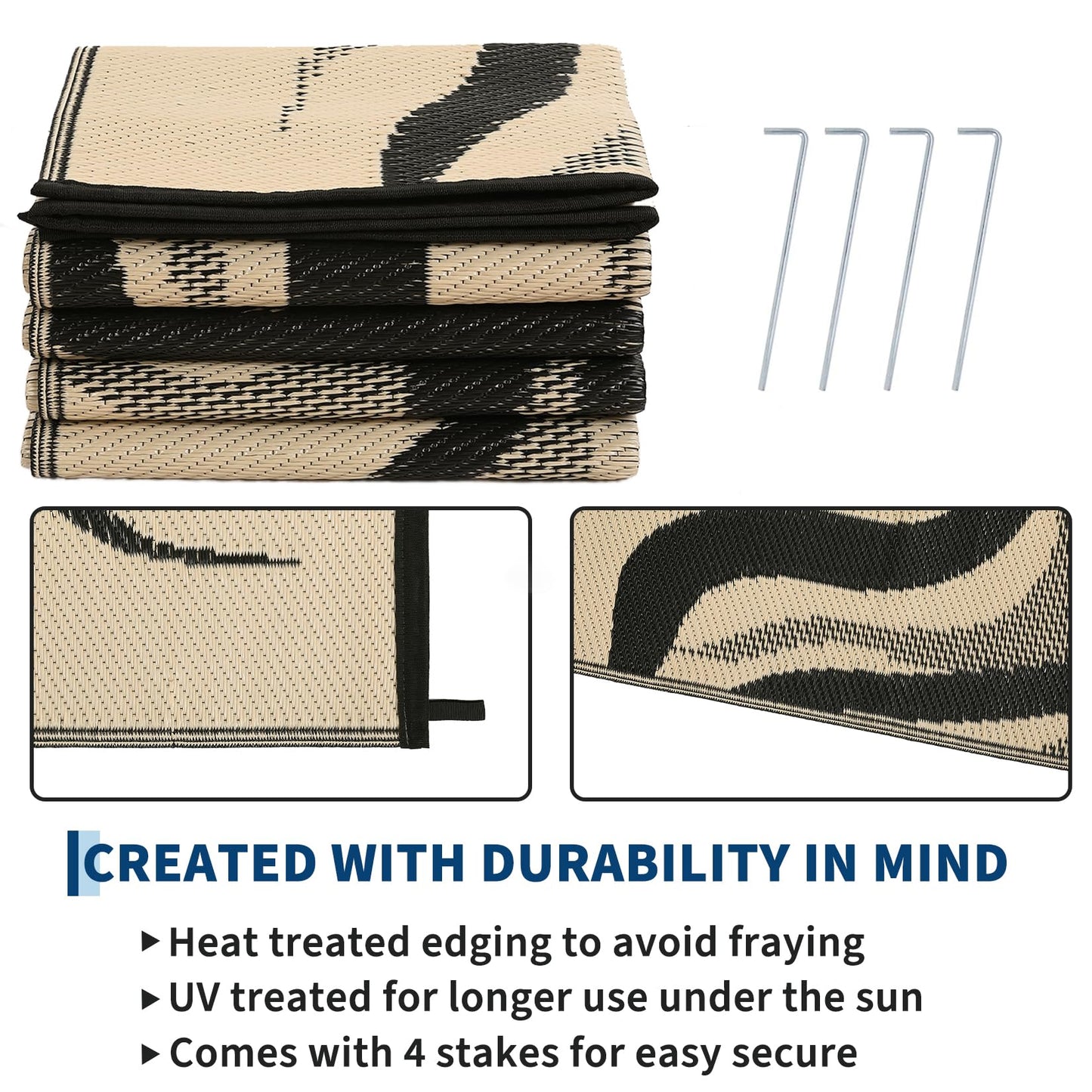 Garvee Outdoor Rug 6x9 Waterproof Patio Rugs with Boho Sun Pattern, Reversible Plastic Straw Camping Rugs Outdoor Indoor RV Mat Carpet for Deck, Backyard, Picnic, Porch, Balcony, Beach, Black