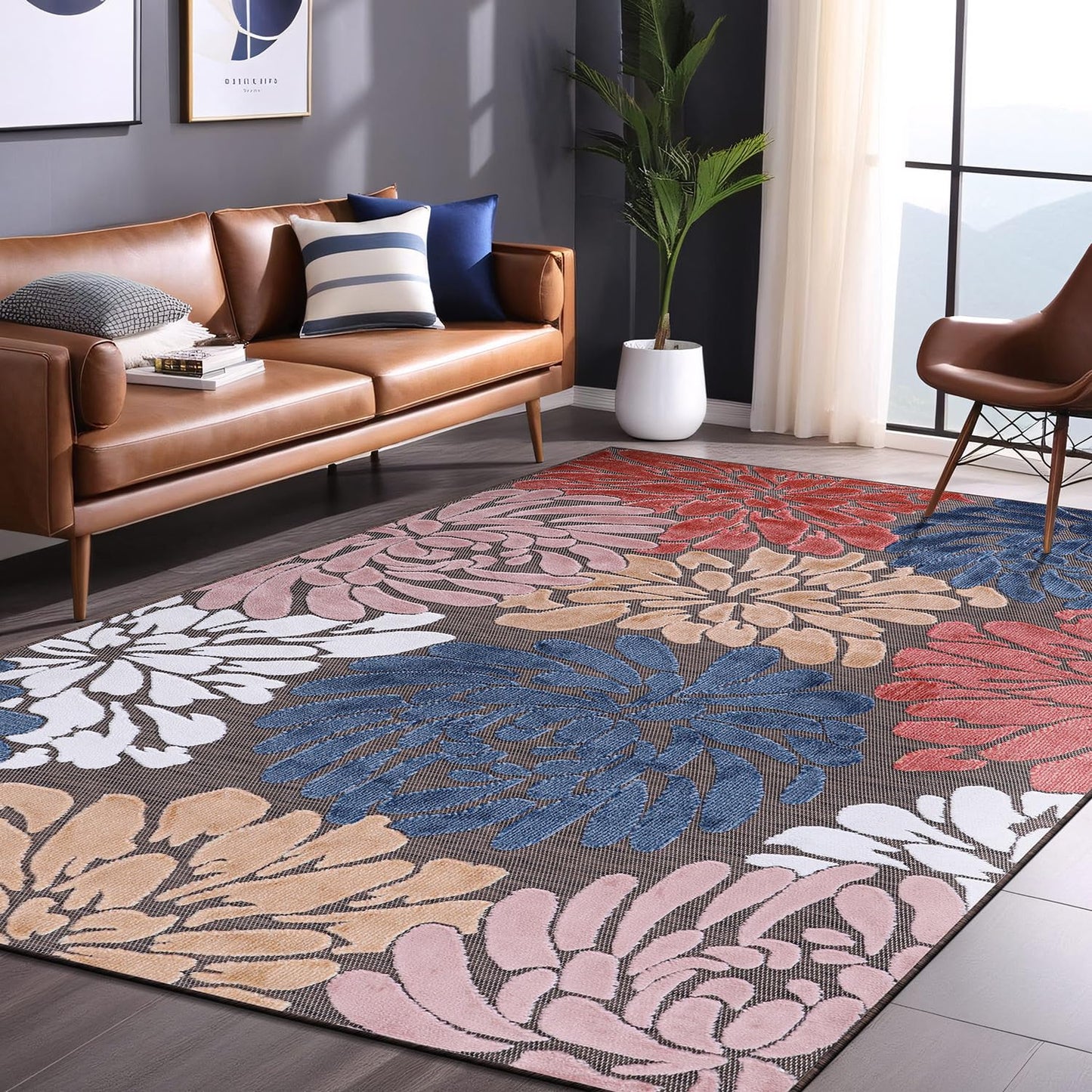 Luul Home Floral Indoor Outdoor Rugs 5x7 Large Area Rug for Living Room, Patio Decor, Kitchen, and Entryway Rug, Washable Stain Resistant Outside Carpet Brown 5 x 7