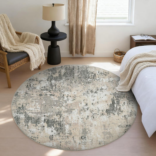 ROYHOME Modern Abstract 8x8 Round Area Rug Non Slip Non Shedding Rug Low Pile Stain Resistant for Bedroom Living Room Office Dining Room,Grey Yellow