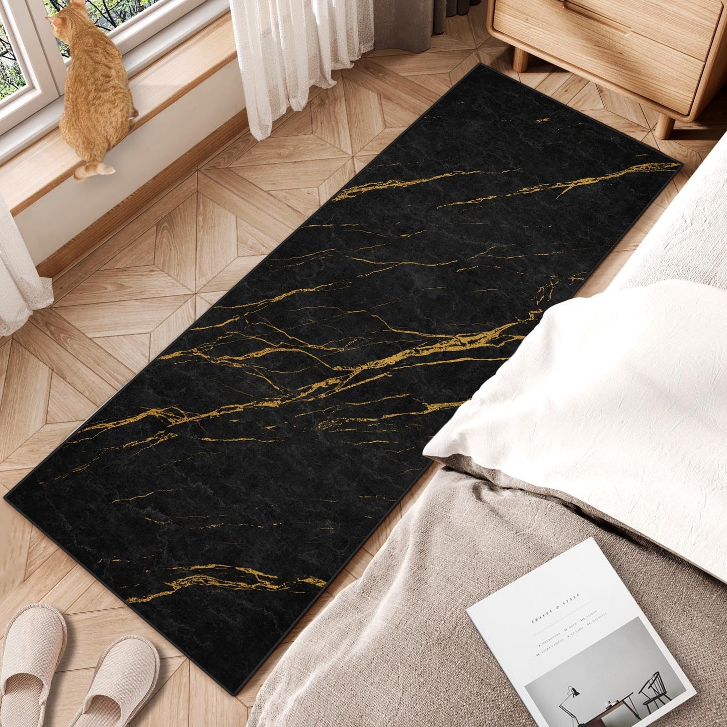 ArtSocket Area Rug Marble Black Gold Entry Runner Rug 2' x 6' Non-Slip Washable Indoor Door Mat Carpet for Bedroom Kitchen Entryway Laundry Living Home Decor
