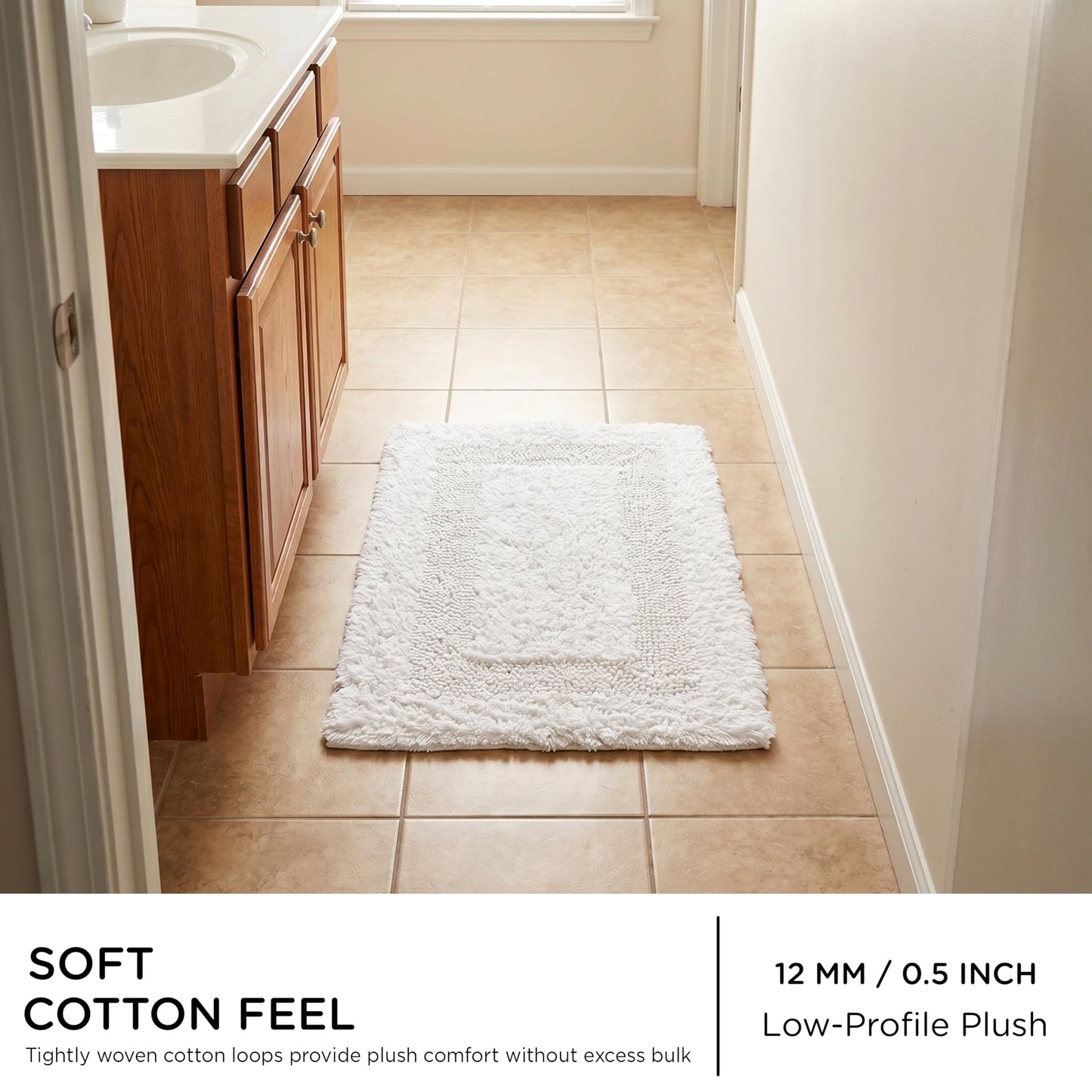 Cotton Reversible Bathmat Rug 17x24 - White, Ultra Soft Bathtub Floor Bath Rugs Ideal for Toilet, Bathroom, Kitchen | Super Absorbent Quick Dry Hotel Quality Throw Mat for Machine Washable
