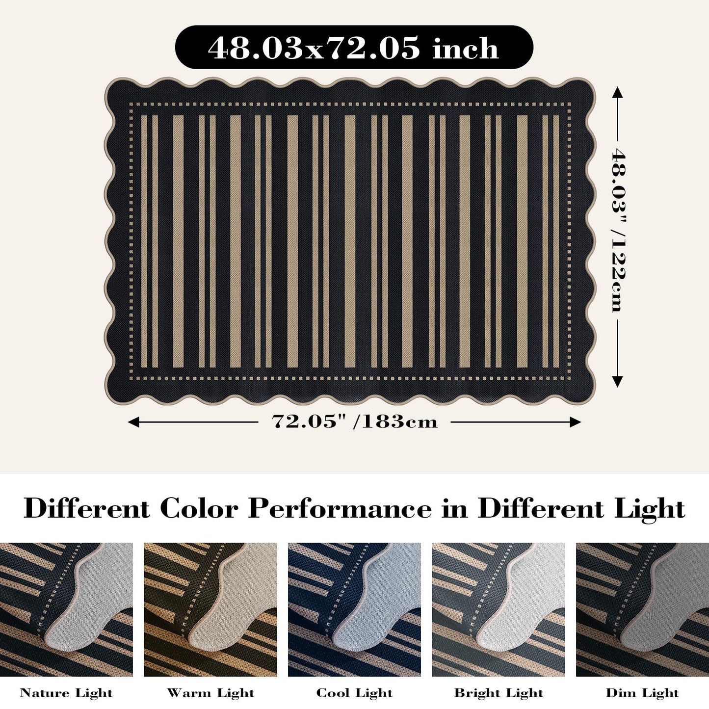 LORWER Striped Easy Jute 4x6 Outdoor Patio Rug, Washable Indoor Outdoor Black Kitchen Rugs Farmhouse Neutral Non Slip Area Rug for Living Room Backyard Bedroom