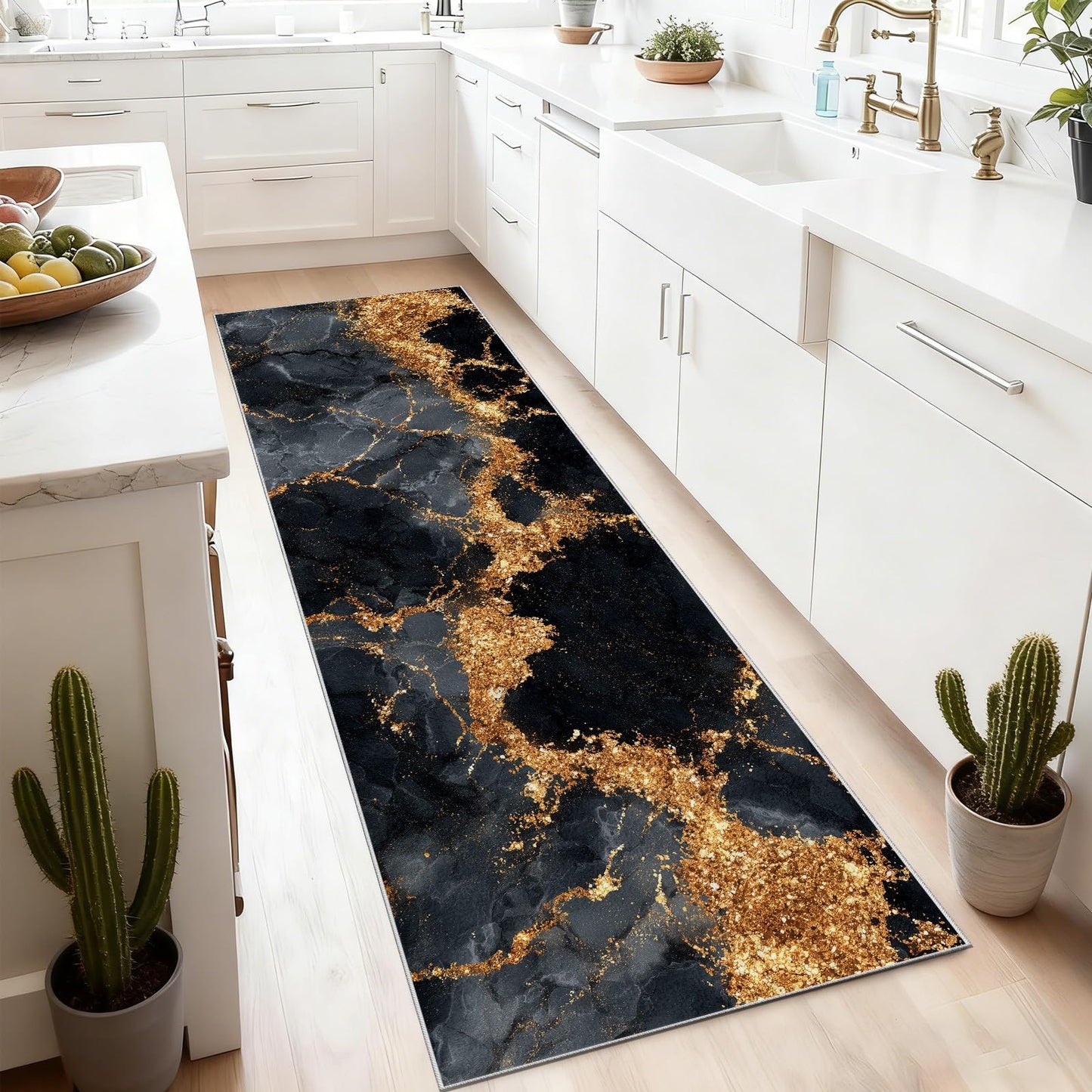 Marble Runner Rug, Black and Gold Runner Rug, 2x8ft Marble Runners for Hallways Non Slip, Soft Washable Floor Runners for Entryway Kitchen Indoor Hallway Rugs Low Profile #K255