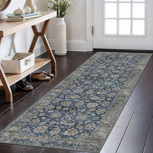 KOZYFLY Runners for Hallways 2x6 Blue Washable Runner Rug Non-Slip Soft Kitchen Runner Rugs, Printed Floral Traditional Carpet Runner for Entryway Bathroom Laundry Bedroom Foyer
