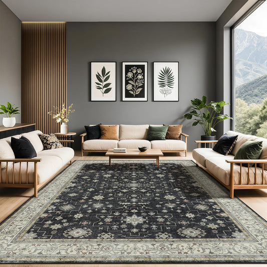 LBRO2M Black Washable Rugs 8X10 for Living Room Bedroom Office Farmhouse Non Slip Vintage Area Rugs Easy Clean, Stain Resistant Carpet Low Piles Great for Pets and Family (8'X10' Charcoal Black)