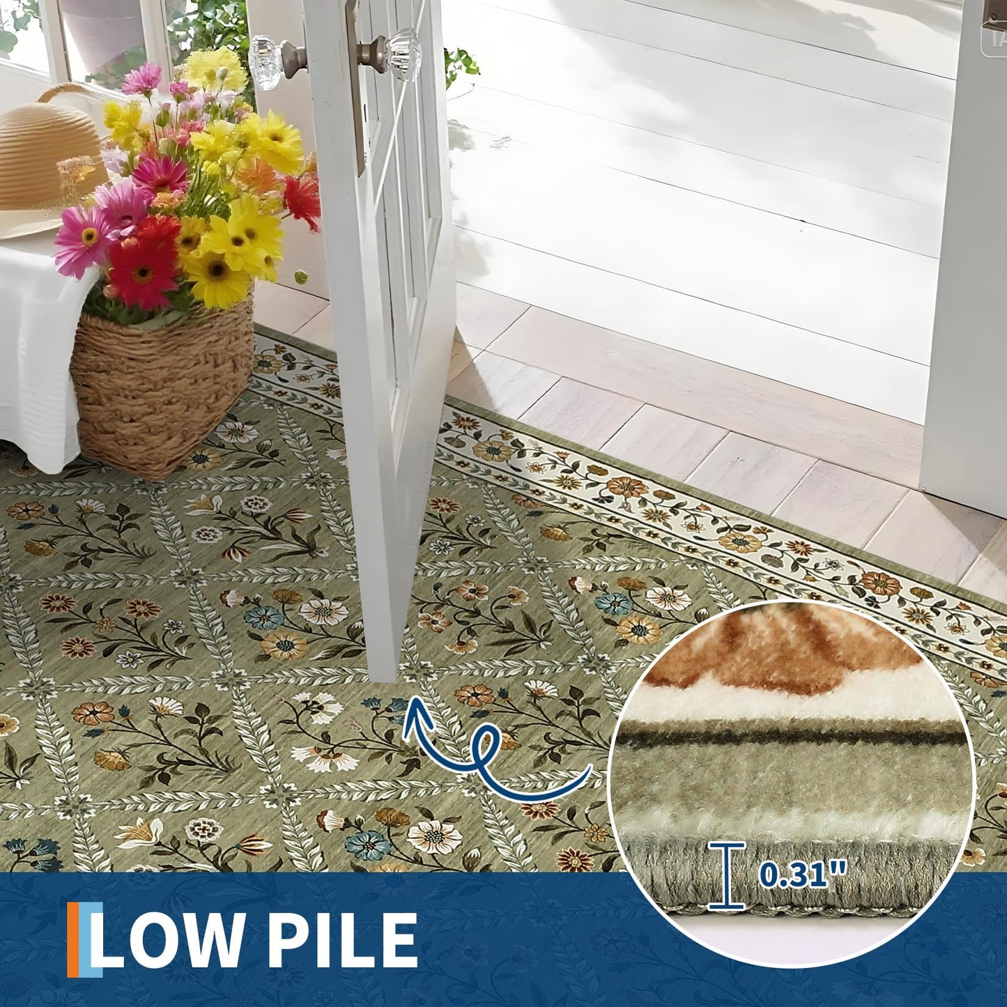 GarveeHome Living Room Rug 5x7 Rug Machine Washable Stain Resistant Area Rug Non Slip Floral Vintage Low Pile Rugs for Living Room, Bedroom, Farmhouse, Dining Room, Kids PlayroomGreen