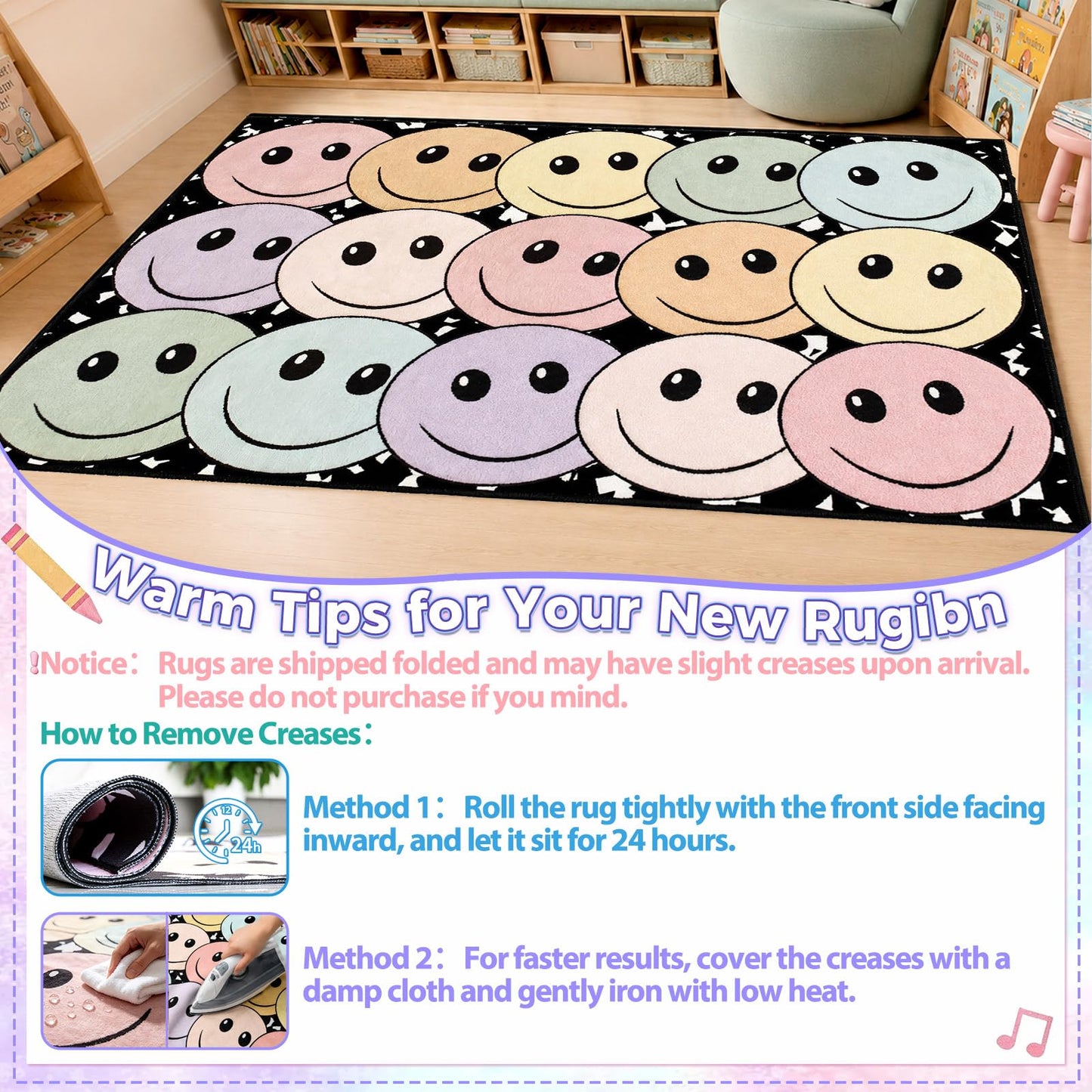 5' x 7' Composition Notebook Classroom Rug Pastel Smiley Face Seating Carpet for Kids, Washable Non-Slip Educational Area Rugs Large Soft Play Mat for Kindergarten Nursery Playroom Decor